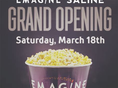 Movies now playing at Emagine Saline in Saline, MI. Detailed showtimes for today and for upcoming days. Cinemas; Now Playing; Trailers; Top 10; Upcoming; Streaming; DVD; More... My Cinemas. My Movies. ... * Movie showtimes are subject to change without prior notice. 12-hour clock 24-hour clock. Contact. Infoline: (734) 316-5500. Contact Web ...