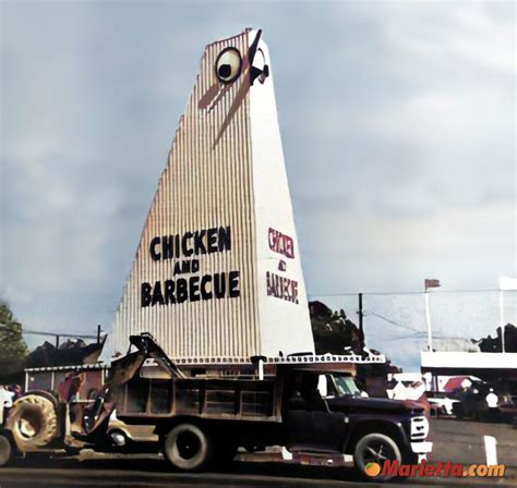 The big chicken in marietta. Anyone who has ever lived in or around Atlanta knows the importance of the Big Chicken. The Marietta landmark, a restaurant designed to look like a giant chicken, is used by motorists and even pilots to give directions or get their bearings. It is such an important point of orientation that public outcry kept KFC from tearing it down after it ... 