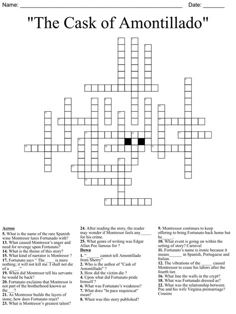 The Crossword Solver found 30 answers to "Like Fortunato in "The Cask of Amontillado", 8 letters crossword clue. The Crossword Solver finds answers to classic crosswords and cryptic crossword puzzles. Enter the length or pattern for better results. Click the answer to find similar crossword clues.