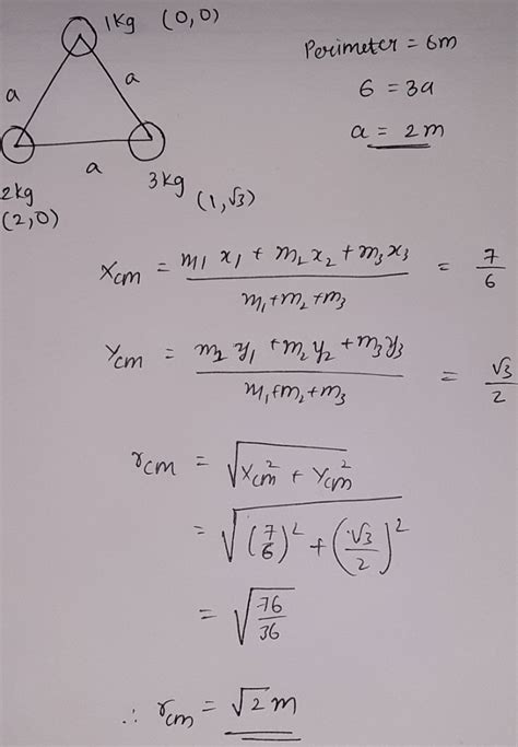 The center of mass of three particles of masses 1kg, 2kg and