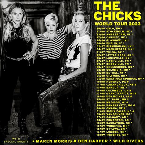 Fair access to tickets information. Presented by: Frontier Touring & Chugg Entertainment. Global superstars The Chicks return to Australia this October, for the first time since their sold out 2017 tour. Bringing their World Tour down under, 2023 will mark The Chicks' fifth visit to our shores since their triumphant debut visit in 1999.. 