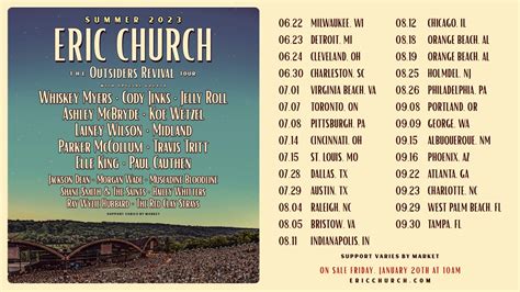 Eric Church 2023 Tour Dates * denotes festival dates. April 14* Fort Lauderdale, Fla. / Fort Lauderdale Beach Park Tortuga Music Festival ... offered fans an in-the-round show and earned the Billboard Music Award for Top Country Tour. Church also performed one-of-a-kind headlining stadium shows at Milwaukee’s …. 