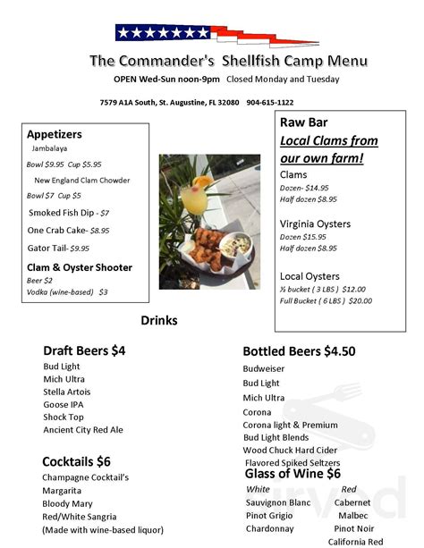 Come treat your Mother to fresh seafood at The Commander's Shellfish Camp. We are open from noon to 9 pm. ... Seafood Restaurant. Casa De Vino 57. Wine Bar .... 