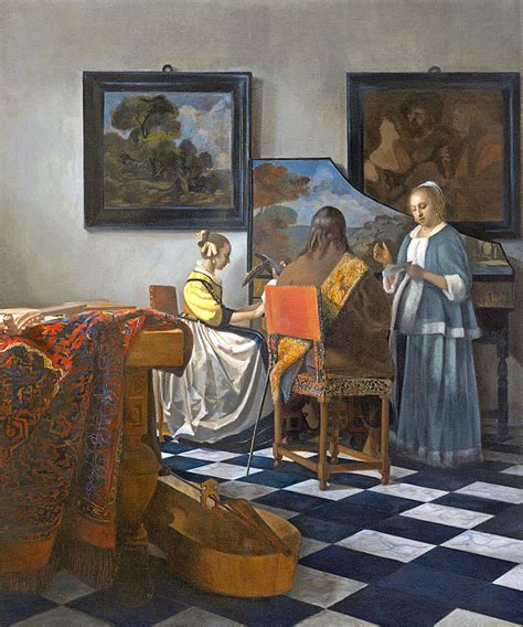 Vermeer, however, did not provide such clear meanings for his paintings. His choices of objects offered tantalizing suggestions, but the attitudes of his figures remain surprisingly neutral. In the background on the right of The Concert, for example, hangs The Procuress by Baburen. The subject of this scene has often been thought to indicate .... 