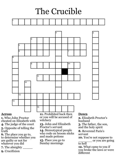 The Crucible Act 1 - Crossword Labs. Edit Answers. 1 2. Across. 2. Where is the play set? Down. 1. The villain; Where is the play set?