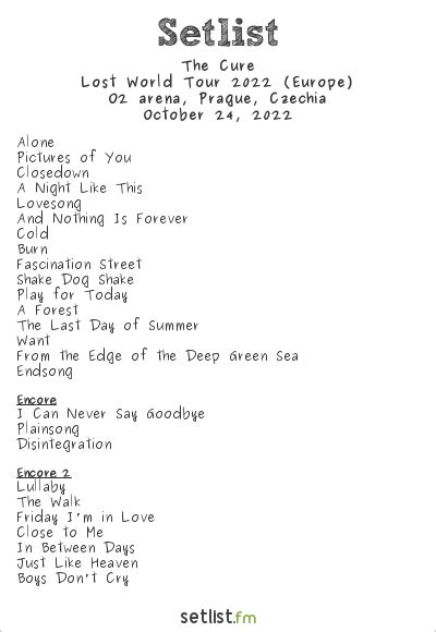 The cure setlists 2023. Get the The Cure Setlist of the concert at Capital Centre, Landover, MD, USA on August 22, 1989 from the The Prayer Tour (North American Leg) Tour and other The Cure Setlists for free on setlist.fm! ... The Cure Announce 2023 North American Tour Dates. Mar 9, 2023. Capital Centre, Landover, MD, United States. Aug 22, … 