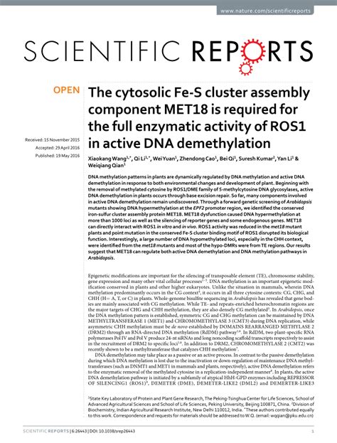 The cytosolic Fe-S cluster assembly component MET18 is …