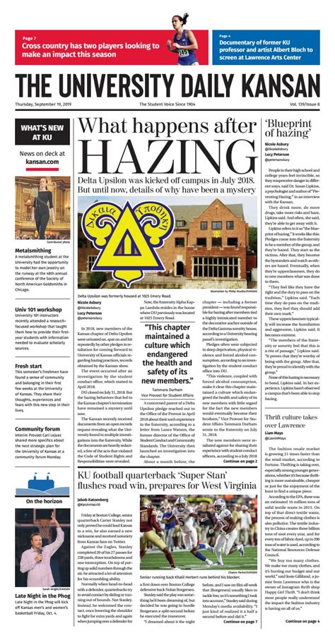 The daily kansan. Aug 16, 2023 · As a senior at the University of Kansas, Judy was editor in chief of the Daily Kansan, the daily student newspaper, and a news editorial journalism and American studies double major. She walked ... 