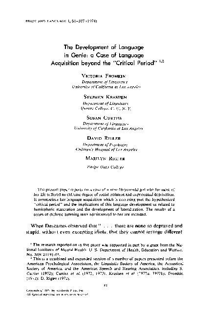 The development of language in genie: a case of language acquisition beyond the critical period