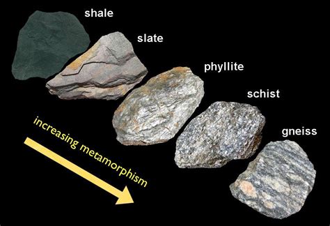 In phyllite, the flakes have grown larger as evidenced by an increase in luster. In schist, the platy minerals are clearly visable to the naked eye. 3. Schist is often named for their most abundant minerals. Thus there are quartz-mica schist, garnet-mica schist (Fig. 8.10), muscovite schist and actinolite schist. 4.. 