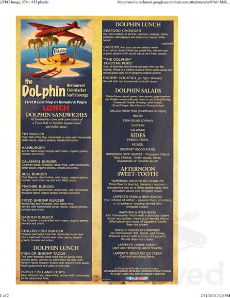 The dolphin poipu menu. Jun 5, 2018 · The Dolphin Poipu, Kauai: See 980 unbiased reviews of The Dolphin Poipu, rated 4 of 5, and one of 444 Kauai restaurants on Tripadvisor. 