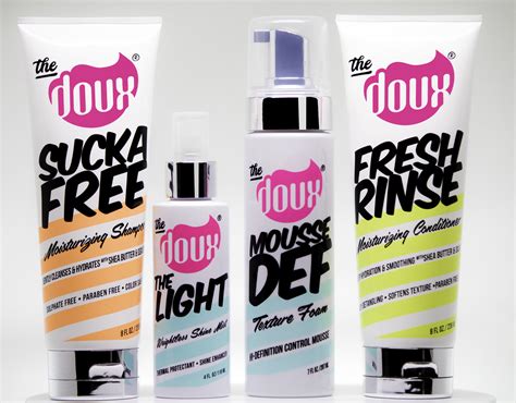 The doux. The Doux (pronounced “do” as in hairdo) is making a splash both on social media and in the community due to their hip-hop themed pro-styling products. ILL DEFINITION= Less weight + More bounce. 