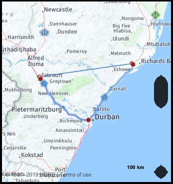 The driving distance from Empangeni, South Africa to …