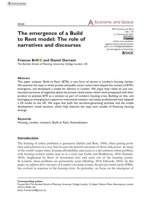 The emergence of a Build to Rent model: The role of narratives …