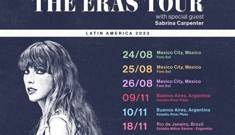 Taylor Swift's Eras Tour Concerts in Mexico 2023. Swift closes out the four-night run of her “Eras Tour” stop in Mexico City from Aug. 24 through Aug. 27. The tour then resumes in November in Buenos Aires, Argentina. U.S. tour dates resume Oct. 18, 2024, in Miami Gardens, Florida and includes stops around the Midwest.. 