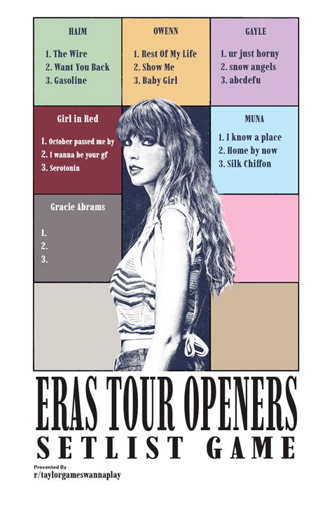 The eras tour openers. 16 Oct 2023 ... The concerts are megaspectacles, simultaneously intimate and colossal; Swift commands the stadium throughout, amid large-scale stage business. 