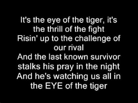 The eye of tiger lyrics. This song belongs to the American rock band Survivor. Dave Bickler - lead vocals Frankie Sullivan - lead guitar Jim Peterik - electric guitars, pian... 