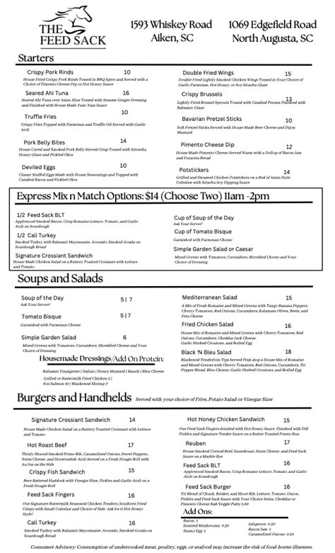 The feed sack north augusta menu. Oct 16, 2023 · Our new menu is here! To view our complete menu, visit ... Video. Home 