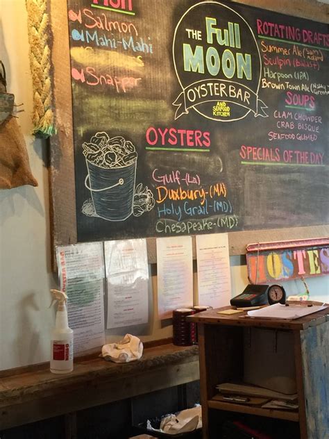 The Full Moon Oyster Bar - Jamestown Menu: Dinner Menu First Bites Moon Rockers* 8 reviews 7 photos. $13.00 Crab Stuffed Oysters* $14.00 Crab Deviled Eggs w/ Lobster ... . 
