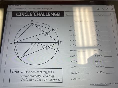 What are the answers to all 21 questions? 1 answer to the giant circle challenge! Be the first to ask megan hochstein a question about this product. Students must work on their own in order to answer the . What are the answers to all 21 questions? B find each angle measure: Check the full answer on app gauthmath. Get the answers you need, now!. 