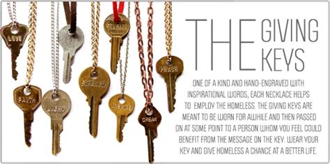 The giving keys. A 16" with a 2" extender length with a mini key stamped with LOVE, HOPE, or STRENGTH; Not available for customization At The Giving Keys, we encourage you to embrace your word and then Pay It Forward to someone who needs it more than you when the time is right. 