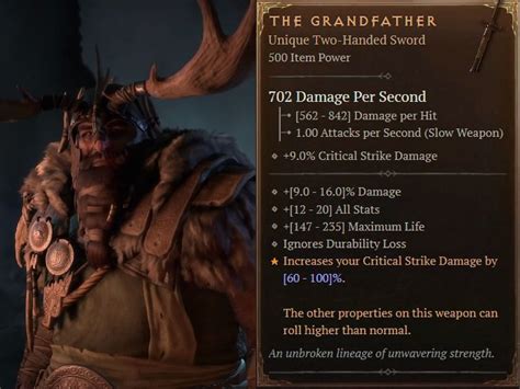The grandfather diablo 4. The Grandfather. For all Barbarian builds, The Grandfather is the optimal choice. Unfortunately, it is also one of the rarest items to come across in the game. ... In Diablo 4 Season 1, players embark on an exciting new questline to track down and defeat Malignant Monsters spread throughout the world of Sanctuary. These formidable foes … 