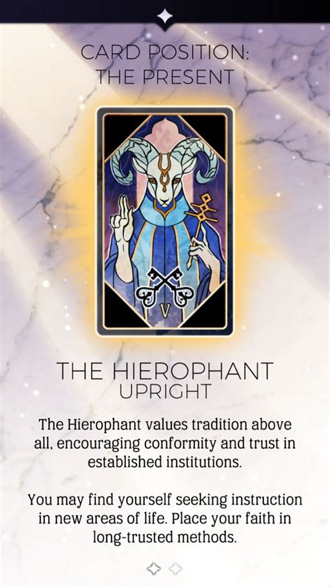 It also personifies lies and greed, flattery, hypocrisy. The Hierophant: Meaning in Love and Relationships. Direct position. Let’s say that you are doing a layout for love, and the …