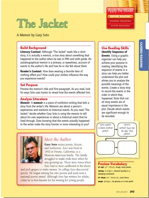 “The Jacket” by Gary Soto (Grade 6) Gary Soto is an American poet, novelist, and memoirist. His writing often reflects on his experiences growing up. In this passage, he talks about a jacket he received when he was in fifth grade. If you’ve seen our previous blog post, you know that we here at CommonLit are big fans of Mr. Soto’s work.. 