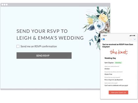 The knot rsvp online. To RSVP online to a WeddingWire invitation, visit the wedding website, and click on the RSVP button. Type your name in the search bar, and click the Search button. When you see a l... 