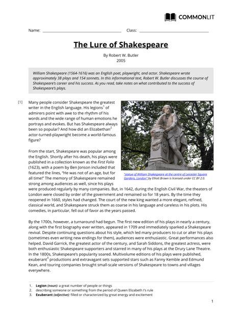 The lure of shakespeare commonlit answers. Students will read "The Lure of Shakespeare" by Robert Butler and answer the 10 EOG-style multiple choice text-dependent questions. Questions are modeled in ... 