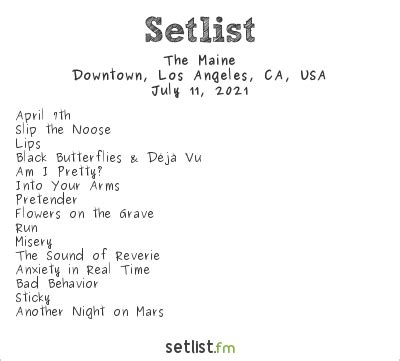 The maine setlist. The Maine is an American rock band, formed in Tempe, Arizona in 2007. The band has released nine studio albums, ten extended plays, 28 singles and 28 music videos. Their debut album, Can't Stop Won't Stop was released on July 8, 2008, peaking at No. 40 on the Billboard 200.Their second album, Black & White was released on July 13, 2010, peaking … 