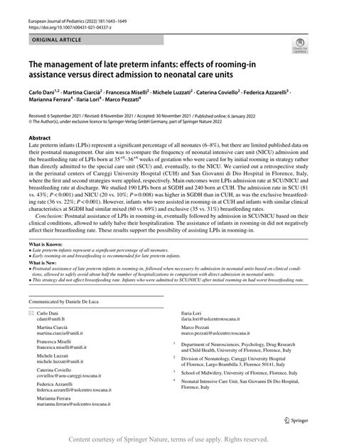 The management of late preterm infants: effects of rooming-in ...