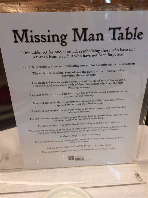The missing man table poem. A missing man table, also known as a fallen comrade table, is a ceremony and memorial that is set up in military dining facilities of the United States Armed … 