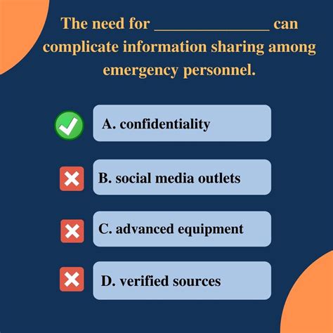 The need for can complicate information sharing among emergency personnel. The need for _____ can complicate information sharing among emergency personnel. A. advanced equipment B. social media outlets C. verified sources D. confidentiality Weegy: The need for advanced equipment can complicate information sharing among emergency personnel. Score 1 User: 6. Which major NIMS Component describes recommended ... 