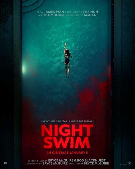 The night swim movie. No running. No diving. No lifeguard on duty. No swimming after dark. Atomic Monster and Blumhouse, the producers of M3GAN, high dive into the deep end of horror with the new supernatural thriller, Night Swim. 