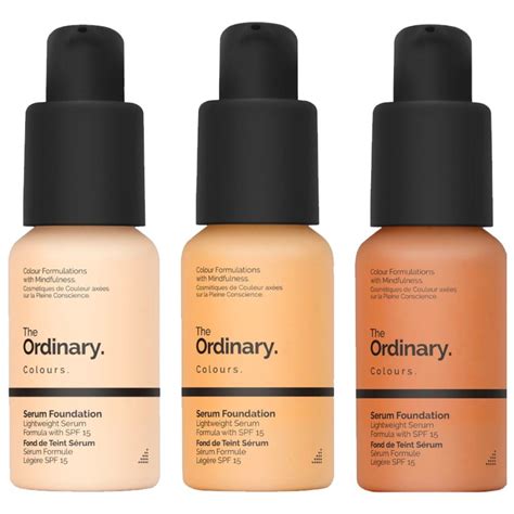 The ordinary serum foundation. A lightweight, natural coverage liquid foundation. Available in 21 shades ranging from very fair to very deep, Serum Foundation SPF 15 is suitable for all skin tones. With a weightless feel, this smooth foundation creates a semi-matte finish that skims over lines and imperfections for a flawless day look. 