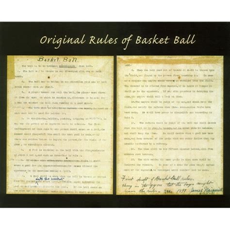 There were only thirteen rules of "basket ball": The ball may be thrown in any direction with one or both hands. The ball may be batted in any direction with one or both hands. A player cannot run with the ball, the player must throw it from the spot on which he catches it, allowance to be made... .... 