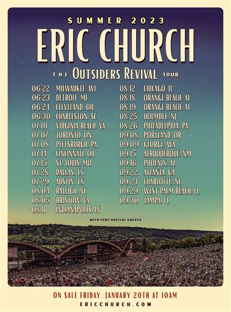Outsiders Revival tour dates 2023 for various shows can be found above, sorted by date and location closest to you. Local Eric Church concerts will be listed at the top, with all other shows underneath in chronological order. To buy Eric Church tour tickets for an upcoming concert, hit the red button associated with the most convenient Eric .... The outsiders revival tour setlist