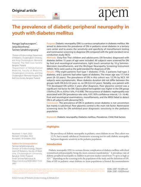 The prevalence of diabetic peripheral neuropathy in youth with diabetes …