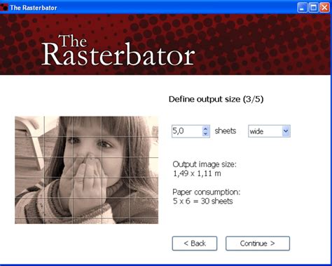 The rasterbator. rasterbator.net. What does the Raster size option do? It allows you to set the minimum and maximum dot size and this way control the "tone" of the output. The raster size is set relative to grid size (how far apart the dots are from each other, measured in millimeters). A raster size range of 0-100% means that completely white areas in source ... 