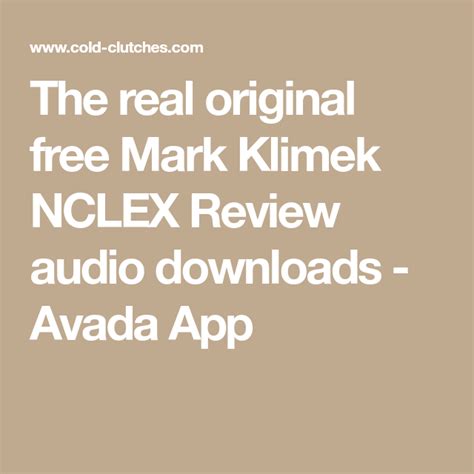 The real original free mark klimek lectures. Sep 25, 2019 - The real original free Mark Klimek NCLEX Review audio downloads - Avada App. Sep 25, 2019 - The real original free Mark Klimek NCLEX Review audio downloads - Avada App. Pinterest. Today. Watch. Explore. When the auto-complete results are available, use the up and down arrows to review and Enter to select. Touch device users can ... 