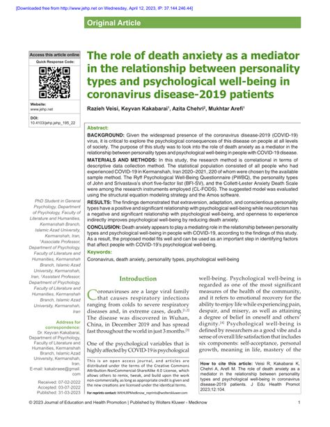 The role of death anxiety as a mediator in the ... - ResearchGate