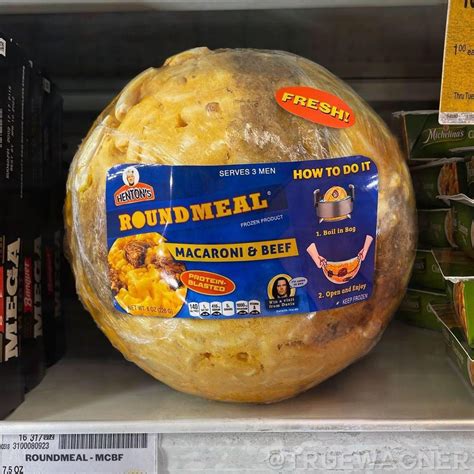 The round meal. The Roundmeal is a fictional food product that went viral on social media. It is a ball of macaroni and beef in plastic wrap that you cook by boiling it. … 