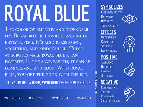 The royal blue. The Meaning of the Color Royal Blue. Color psychology has long associated royal blue with feelings of tranquility and stability. Reflective of the sky and sea, it emanates a sense of calm and depth. However, being a color favored by royals, it's also symbolic of nobility, wisdom, and power. Businesses often use royal blue to convey trust ... 