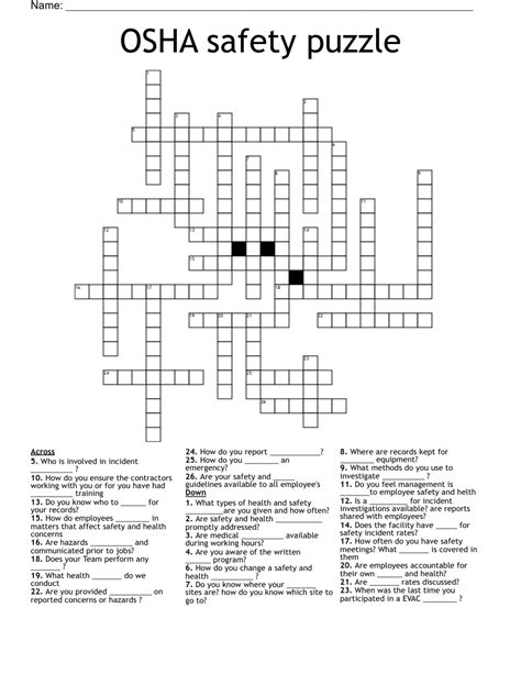 The s of osha crossword. Crossword Clue. Here is the answer for the crossword clue Margins of safety featured on December 31, 2008. We have found 40 possible answers for this clue in our database. Among them, one solution stands out with a 95% match which has a length of 7 letters. We think the likely answer to this clue is LEEWAYS. 