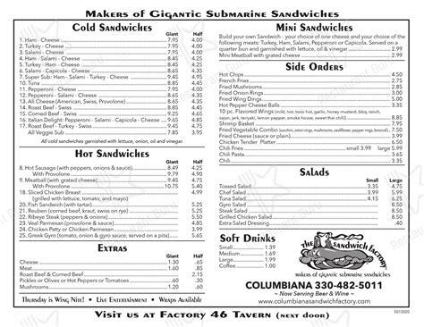 The sandwich factory columbiana menu. THE SANDWICH FACTORY277 N E Court StreetPrineville, OR 97754541.447.4429HOURSMonday ~10 a.m. til 4 p.m.Tuesday~10 a.m. til 4 p.m.Wednesday, Thursday, Friday10 a.m. til 7 p.m.Saturday~10 a.m. til 6 p.m.Sunday ~Closed. Welcome to The Sandwich Factory and Landmark Catering! We are located in Prineville, Oregon just across from the Crook County's ... 
