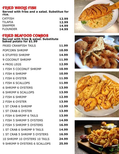 The seafood menu. The Catch Menu - Fresh Cajun Seafood - Gumbo, Etouffee, Boudin, Gator, Po Boys, Tacos, Catfish, Crawfish, Shrimp, Crab, Beignets, & More! 