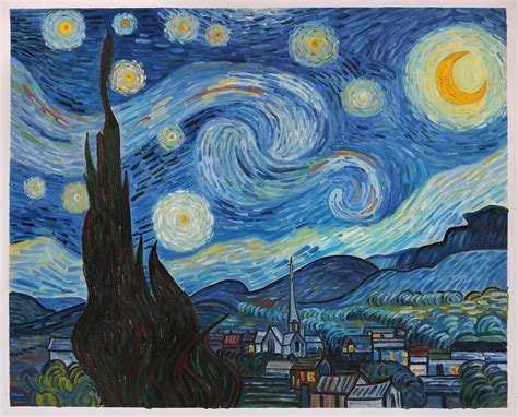 The Starry Night. The oil-on-canvas painting combines imagination, observation, memory, and emotions through the painted swirly night sky, village, and cypress tree. Pigment analysis of this painting indicates the presence of ultramarine and cobalt blue in the sky whereas, for the moon and stars, he used euxanthin and zinc ….