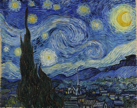 New York, アメリカ合衆国. Van Gogh's night sky is a field of roiling energy. Below the exploding stars, the village is a place of quiet order. Connecting earth and sky is the flamelike cypress, a tree traditionally associated with graveyards and mourning. But death was not ominous for van Gogh..