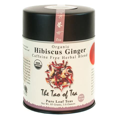The tao of tea. Hibiscus Ginger. Origin: Blend, Tao of Tea. Sweet & tart with a warm, spicy aftertaste. Buy in bulk or in 3 oz Classic Size Tins. Packaging Options. Purchase this product now and earn 9 Frequent Leaf Points! $ 9.00. Add to cart. SKU: 11035 Categories: Herbs & Spices, Organic, Caffeine Free. 